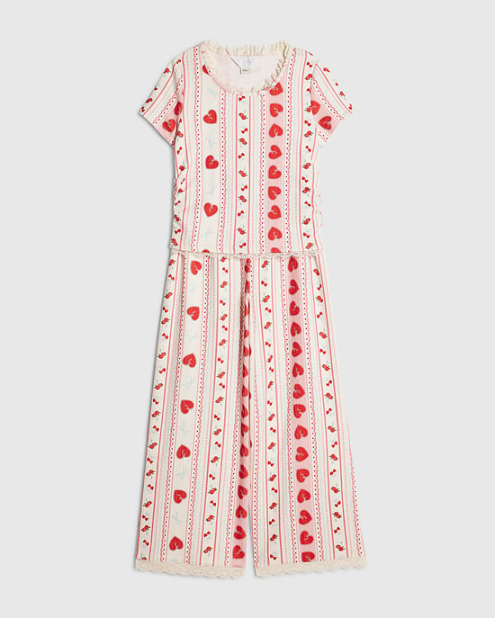 River Island Girls Pyjamas Set Cream Heart Pointelle 2 Piece - Image 5