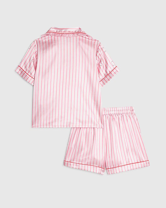 River Island Girls Pyjama Set Pink Satin Striped Heart 2 Piece - Image 2