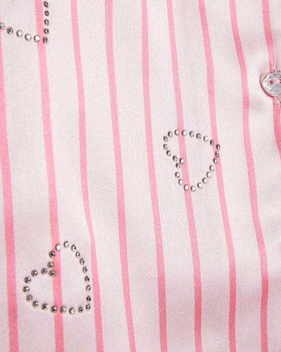 River Island Girls Pyjama Set Pink Satin Striped Heart 2 Piece - Image 3