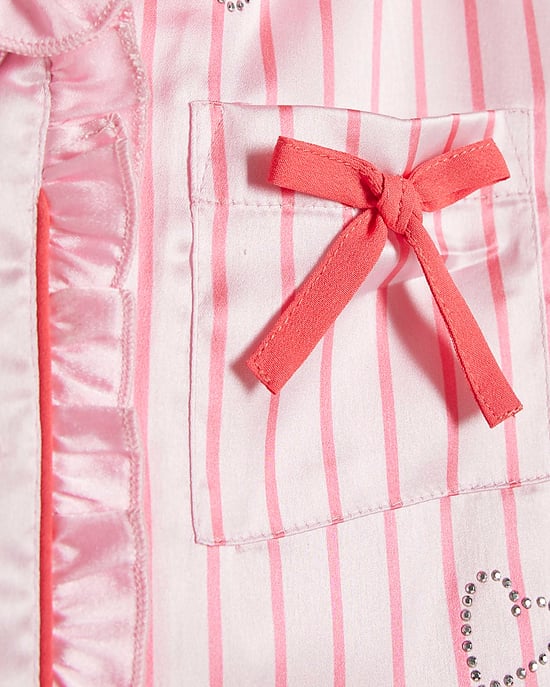 River Island Girls Pyjama Set Pink Satin Striped Heart 2 Piece - Image 4