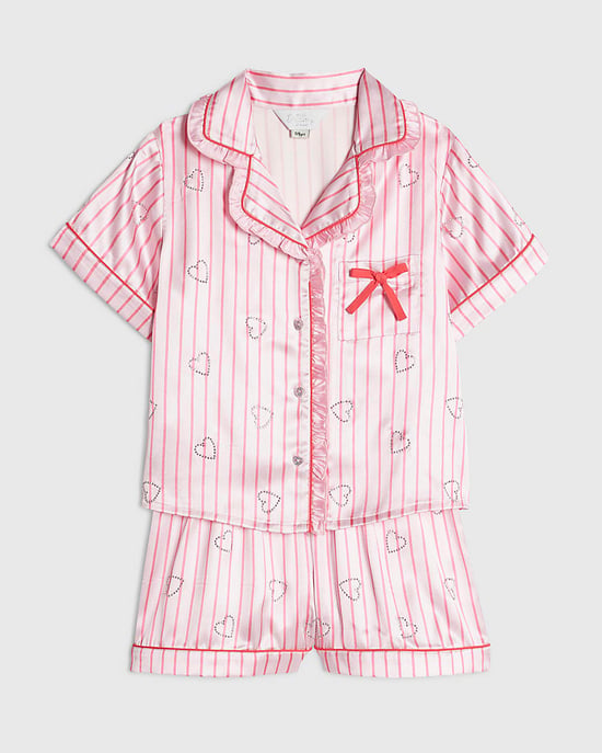 River Island Girls Pyjama Set Pink Satin Striped Heart 2 Piece - Image 5