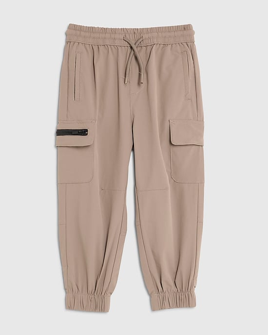 River Island Mini Boys Cargo Trousers Beige Zip Utility Pockets - Image 1