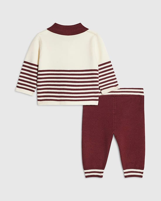 River Island Baby Boys Polo & Bottoms Set Burgundy Stripe Knit 2 Piece - Image 2