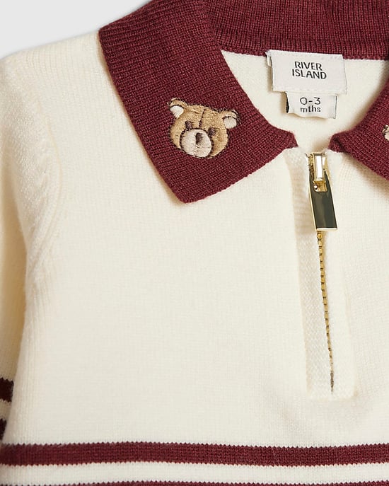 River Island Baby Boys Polo & Bottoms Set Burgundy Stripe Knit 2 Piece - Image 3