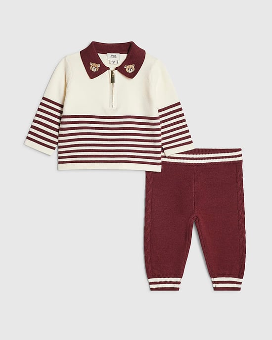 River Island Baby Boys Polo & Bottoms Set Burgundy Stripe Knit 2 Piece - Image 5