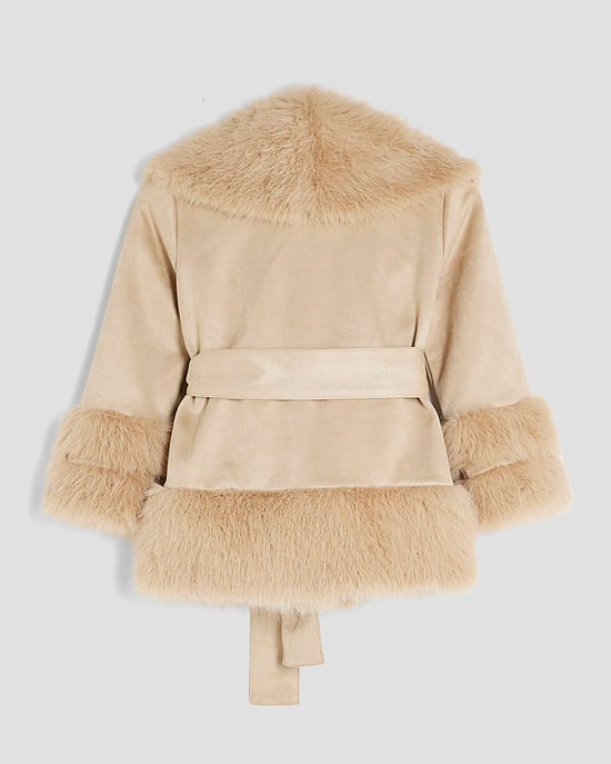 River Island Girls Wrap Coat Cream Faux Suede Fur Tie - Image 2
