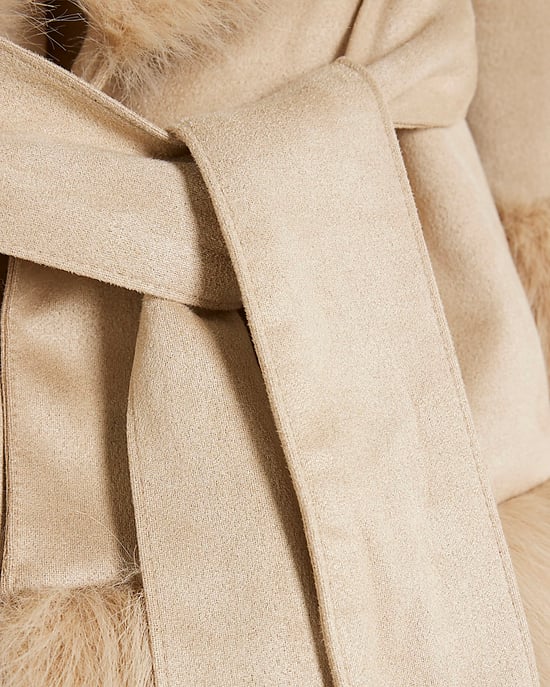 River Island Girls Wrap Coat Cream Faux Suede Fur Tie - Image 3