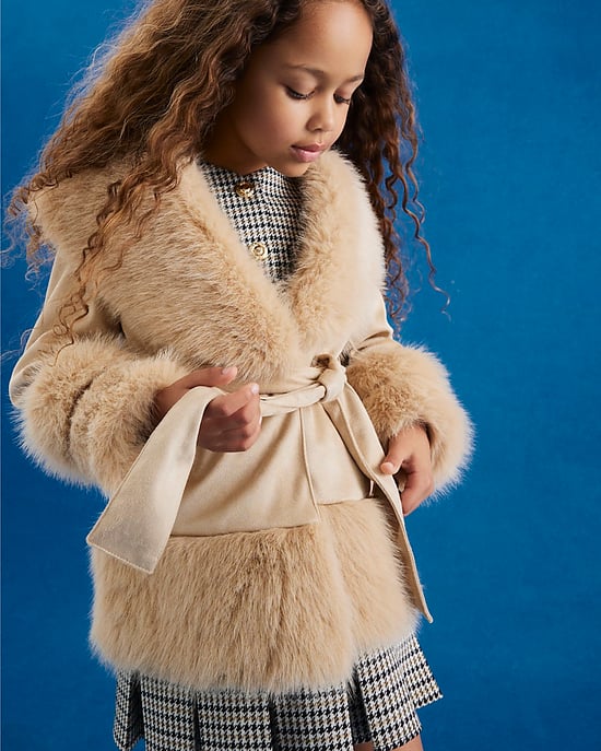 River Island Girls Wrap Coat Cream Faux Suede Fur Tie - Image 4