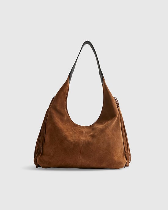 River Island Womens Slouch Shoulder Bag Beige Suede Fringed - Image 2