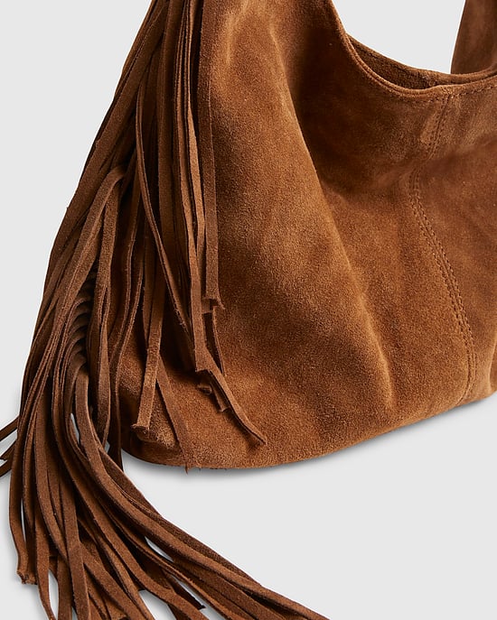River Island Womens Slouch Shoulder Bag Beige Suede Fringed - Image 3