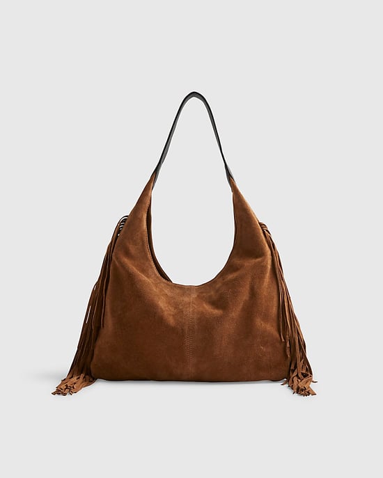 River Island Womens Slouch Shoulder Bag Beige Suede Fringed - Image 4