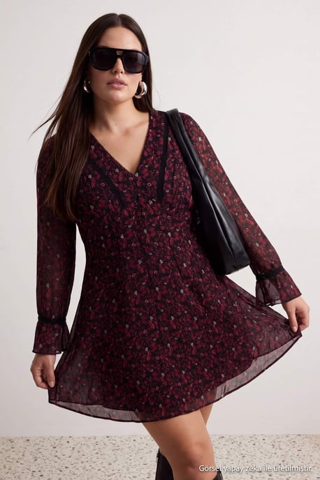 Trendyol Curve Dam Vinröd Blommig Kort / Mini Lång A-linje Plus size Klänning - Image 2