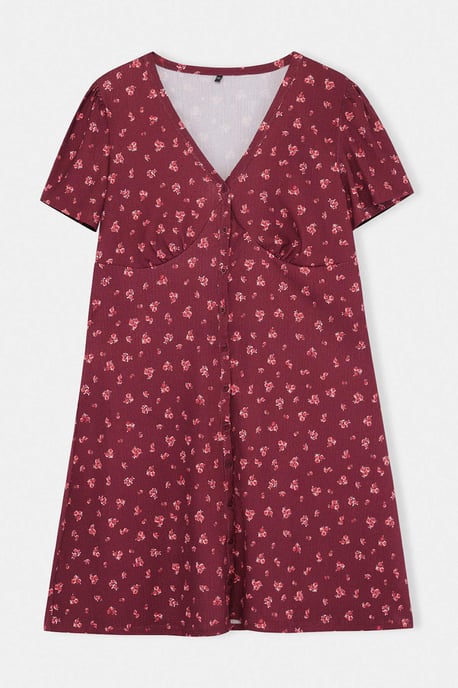 Trendyol Curve Dam Vinröd Blommig Kort / Mini Kort Casual Skater Plus size Klänning - Image 3