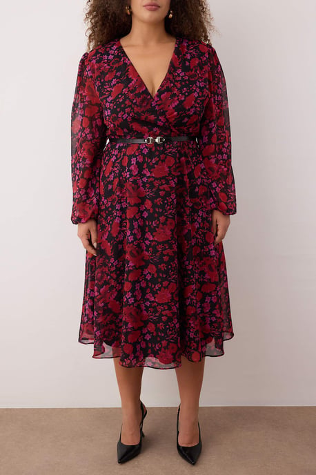 Trendyol Curve Dam Vinröd Blommig Kort / Mini Lång Kväll / Vardag Dubbelknäppt Plus size Klänning - Image 2
