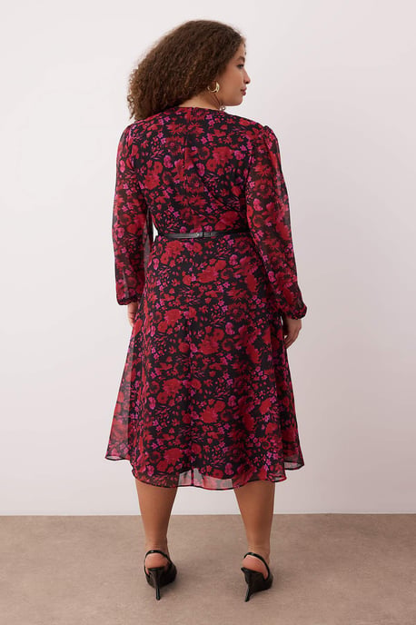 Trendyol Curve Dam Vinröd Blommig Kort / Mini Lång Kväll / Vardag Dubbelknäppt Plus size Klänning - Image 3