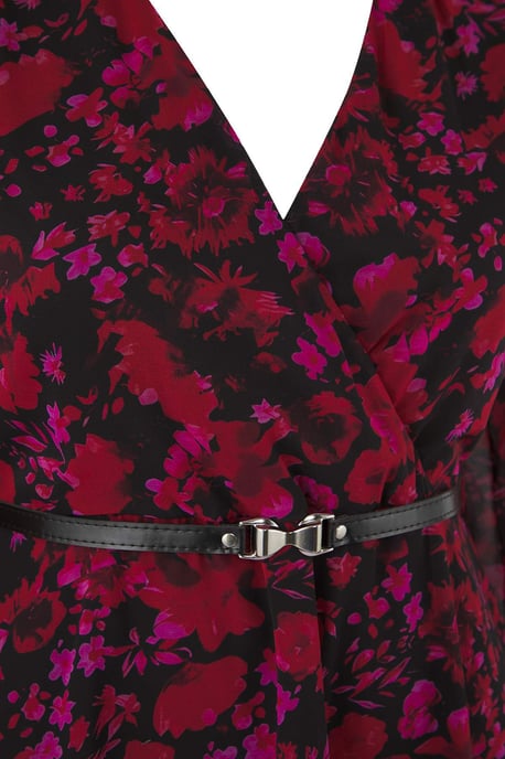 Trendyol Curve Dam Vinröd Blommig Kort / Mini Lång Kväll / Vardag Dubbelknäppt Plus size Klänning - Image 5