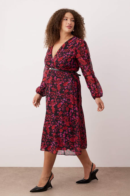 Trendyol Curve Dam Vinröd Blommig Kort / Mini Lång Kväll / Vardag Dubbelknäppt Plus size Klänning - Image 6