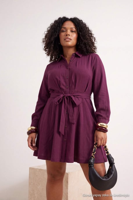 Trendyol Curve Dam Vinröd Enfärgad Kort / Mini Lång Casual Skjortklänning Plus size Klänning - Image 2