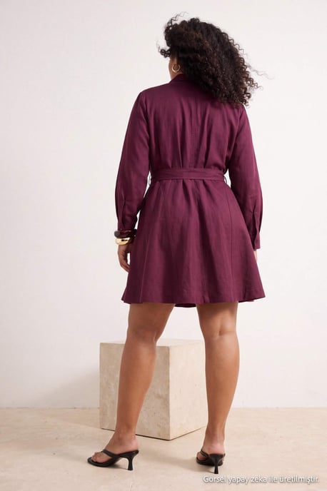 Trendyol Curve Dam Vinröd Enfärgad Kort / Mini Lång Casual Skjortklänning Plus size Klänning - Image 3