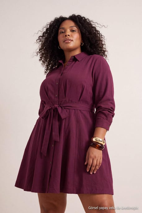 Trendyol Curve Dam Vinröd Enfärgad Kort / Mini Lång Casual Skjortklänning Plus size Klänning - Image 6