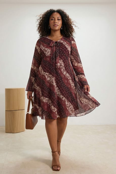 Trendyol Curve Dam Vinröd Blommig Kort / Mini Lång Casual A-linje Plus size Klänning - Image 1