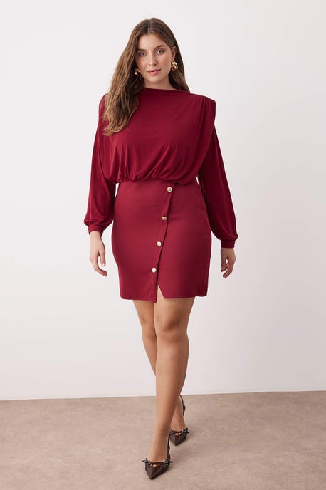Trendyol Curve Dam Vinröd Enfärgad Kort / Mini Lång Casual A-linje Plus size Klänning - Image 6