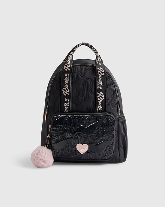 River Island Girls Backpack Black RI Quilted Pom Detail Zip - Image 1