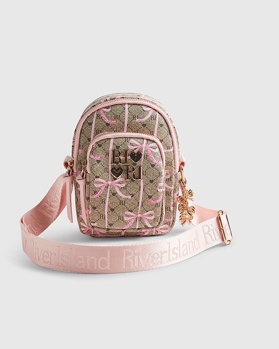 River Island Girls Crossbody Bag Brown Monogram Bow - Image 2