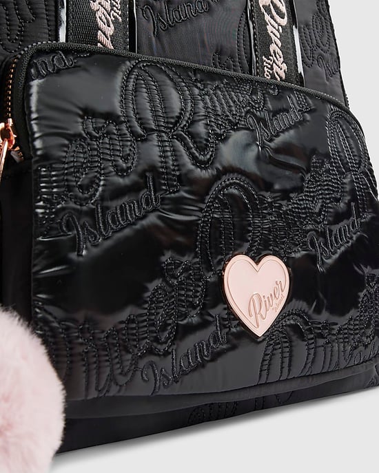 River Island Girls Backpack Black RI Quilted Pom Detail Zip - Image 3