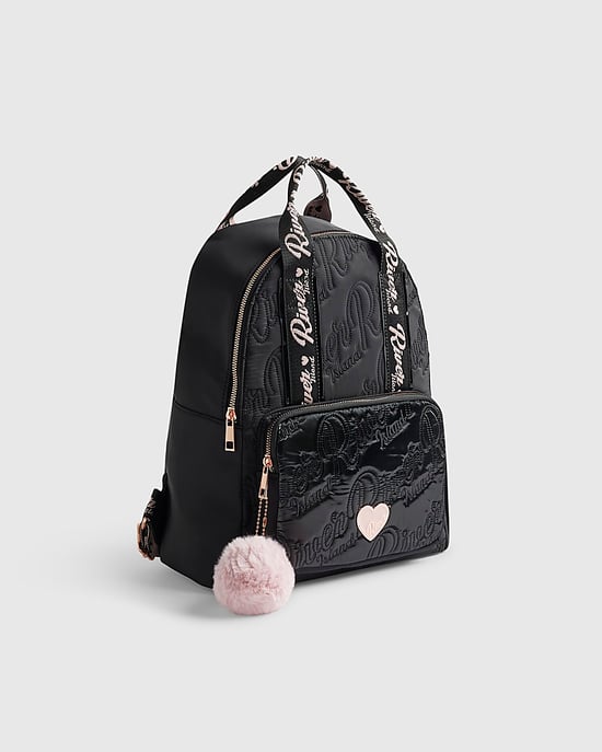 River Island Girls Backpack Black RI Quilted Pom Detail Zip - Image 5
