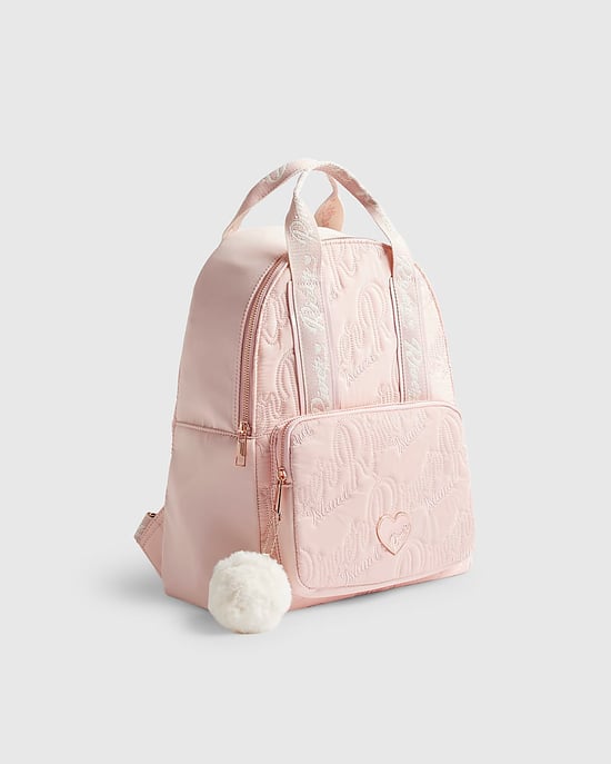 River Island Girls Backpack Pink RI Quilted Pom Detail Zip - Image 5