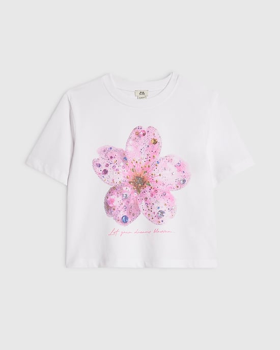 River Island Girls Crop Top White Embellished Flower - Image 1
