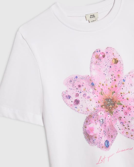 River Island Girls Crop Top White Embellished Flower - Image 3