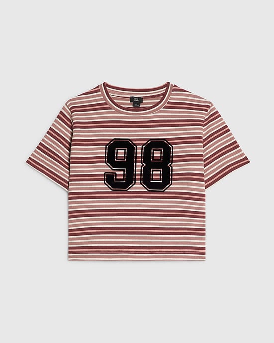 River Island Girls Crop Top Pink Stripe Number 98 Crew Neck - Image 1