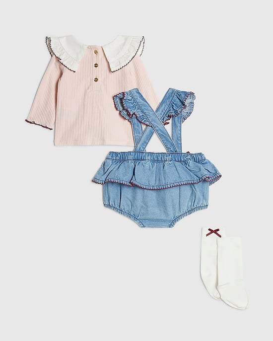 River Island Baby Girls Bloomer Set Blue Bow Denim 3 Piece - Image 2