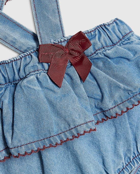 River Island Baby Girls Bloomer Set Blue Bow Denim 3 Piece - Image 4