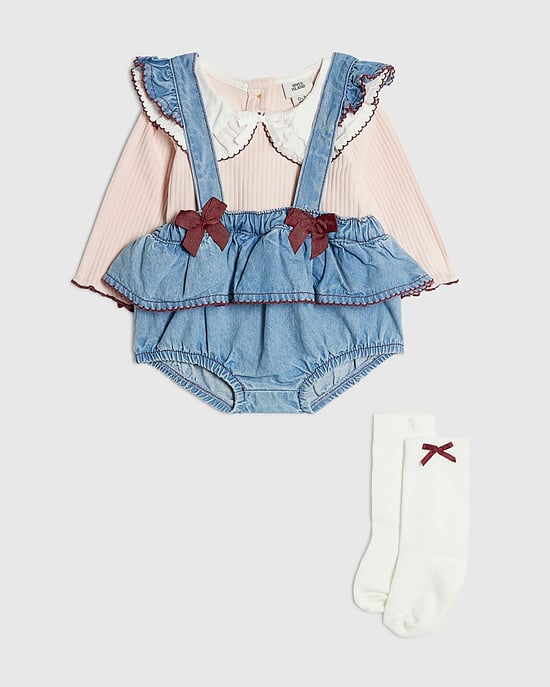 River Island Baby Girls Bloomer Set Blue Bow Denim 3 Piece - Image 5