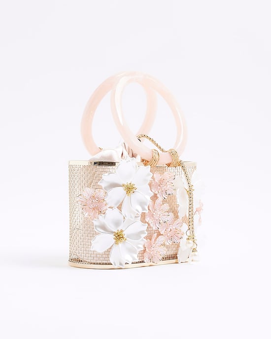 River Island Womens Clutch Bag Gold 3D Floral Caged Basket - Image 1
