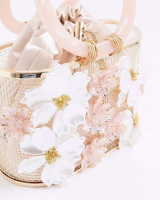 River Island Womens Clutch Bag Gold 3D Floral Caged Basket - Image 3
