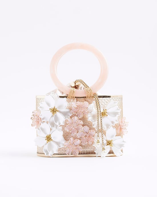 River Island Womens Clutch Bag Gold 3D Floral Caged Basket - Image 4