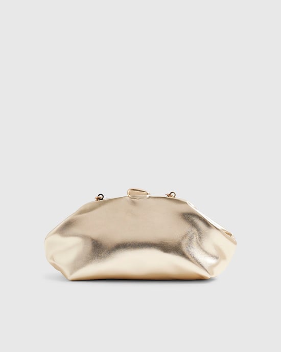 River Island Womens Clutch Bag Gold Ruched Frame Clip Top - Image 2