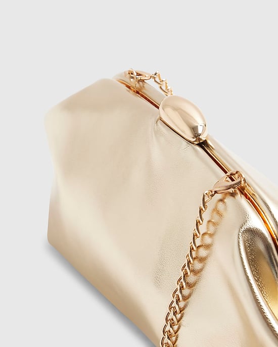 River Island Womens Clutch Bag Gold Ruched Frame Clip Top - Image 3