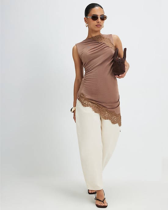 River Island Womens Tunic Petite Brown Lace Trim Asymmetric - Image 4