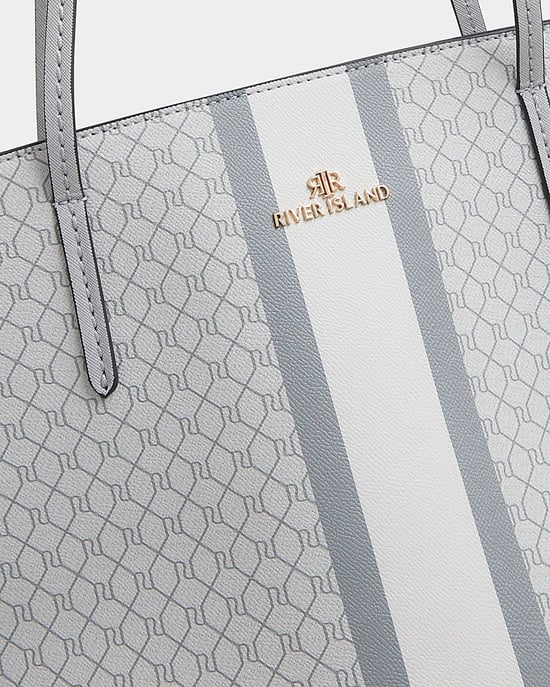 River Island Womens Tote Bag Grey RI Monogram Stripe - Image 3