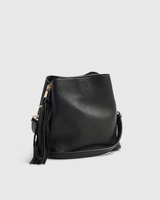 River Island Womens Crossbody Bucket Bag Black Leather Tassel - Image 1