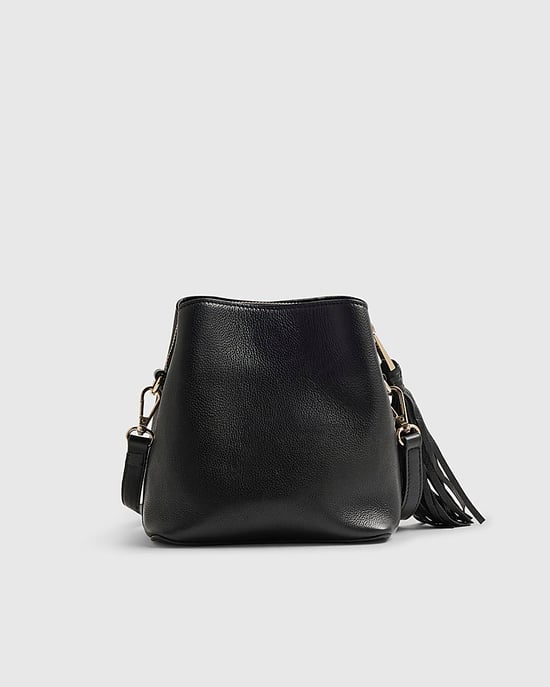 River Island Womens Crossbody Bucket Bag Black Leather Tassel - Image 2