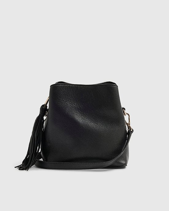 River Island Womens Crossbody Bucket Bag Black Leather Tassel - Image 4