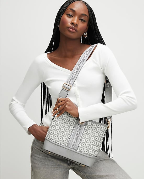 River Island Womens Bucket Bag Grey Monogram Webbed Front - Image 5