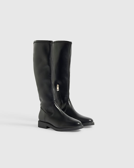 River Island Womens Knee High Boots Black Faux Leather - Image 1