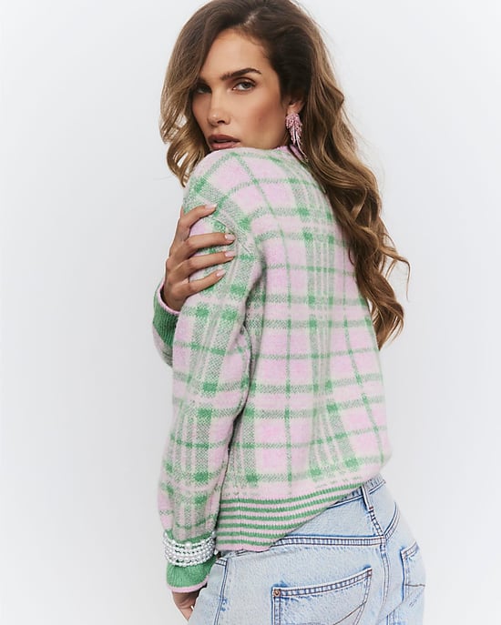 River Island Womens Jumper Green Check Cat Crew Neck - Image 2